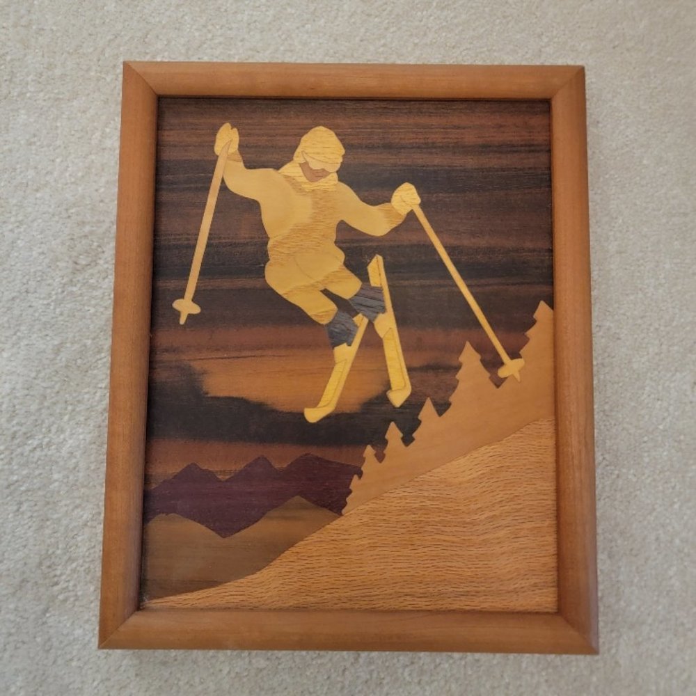 Vintage Inlaid Wood Skier Wall Art Décor